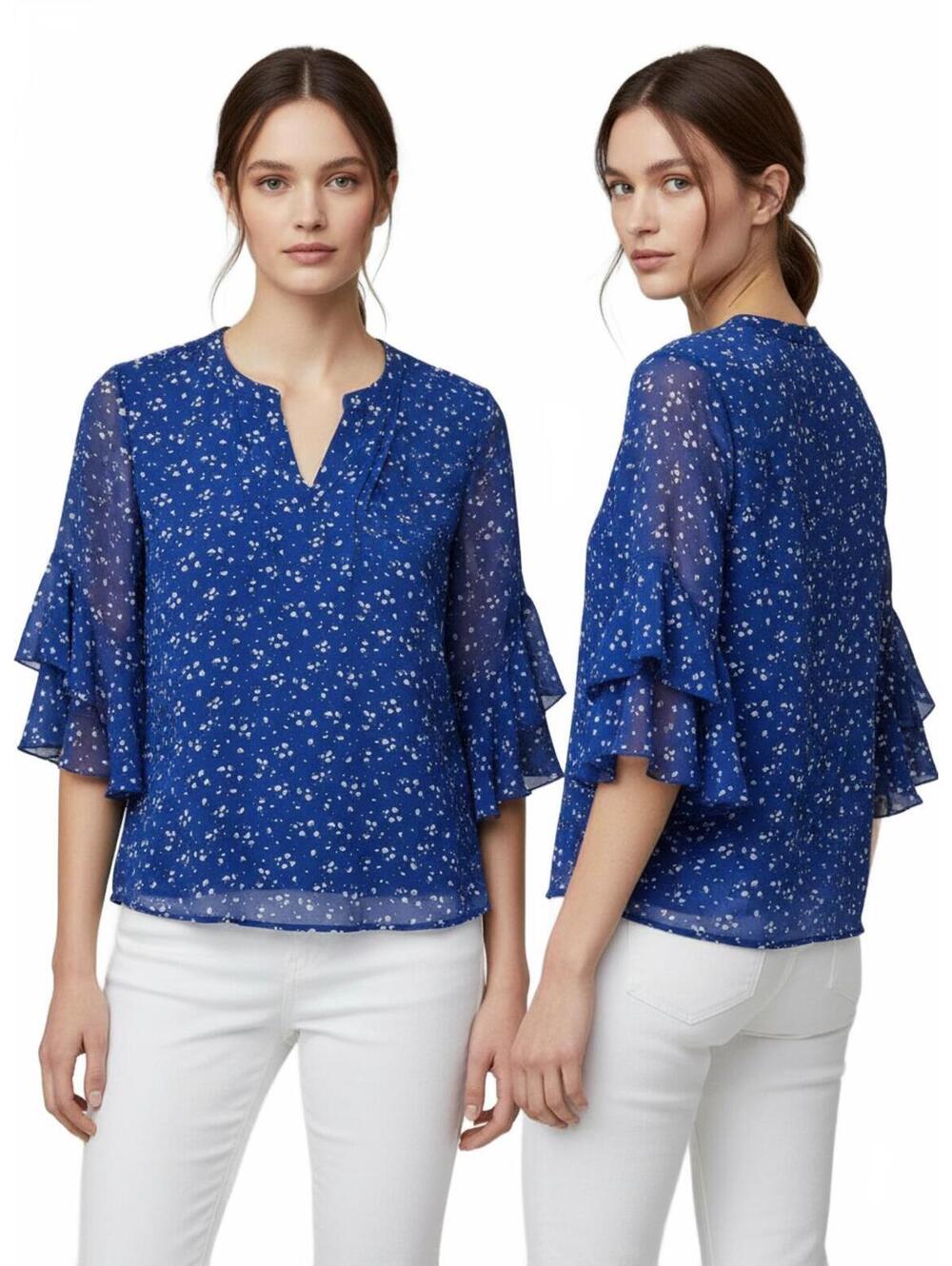 Blue Floral Split-Neck Ruffle Sleeve Blouse